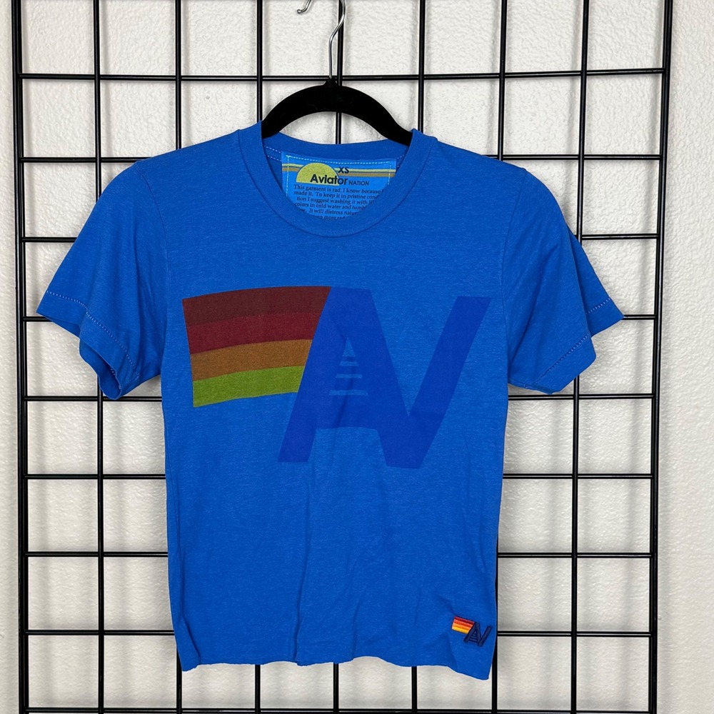 Aviator Nation Logo Boyfriend Tee Women XS Ocean Blue Rainbow Stripe Graphic NEW